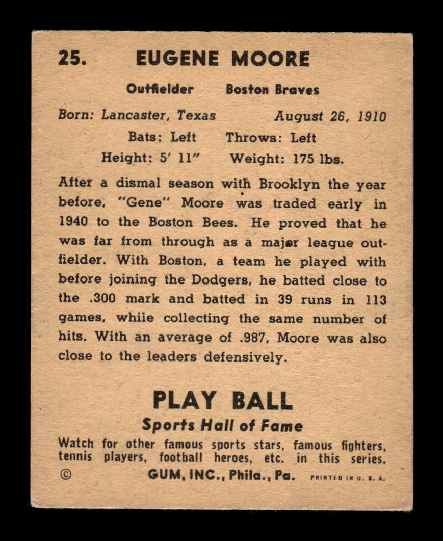 1941 Play Ball #25 Gene Moore Boston Braves VGEX HOF10010840
