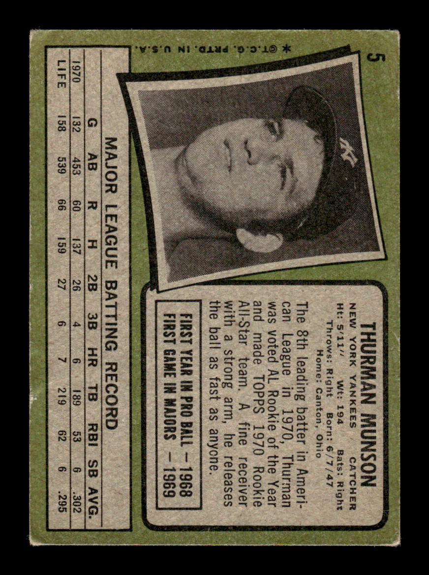 1971 Topps #5 Thurman Munson New York Yankees VGEX HOF10010848