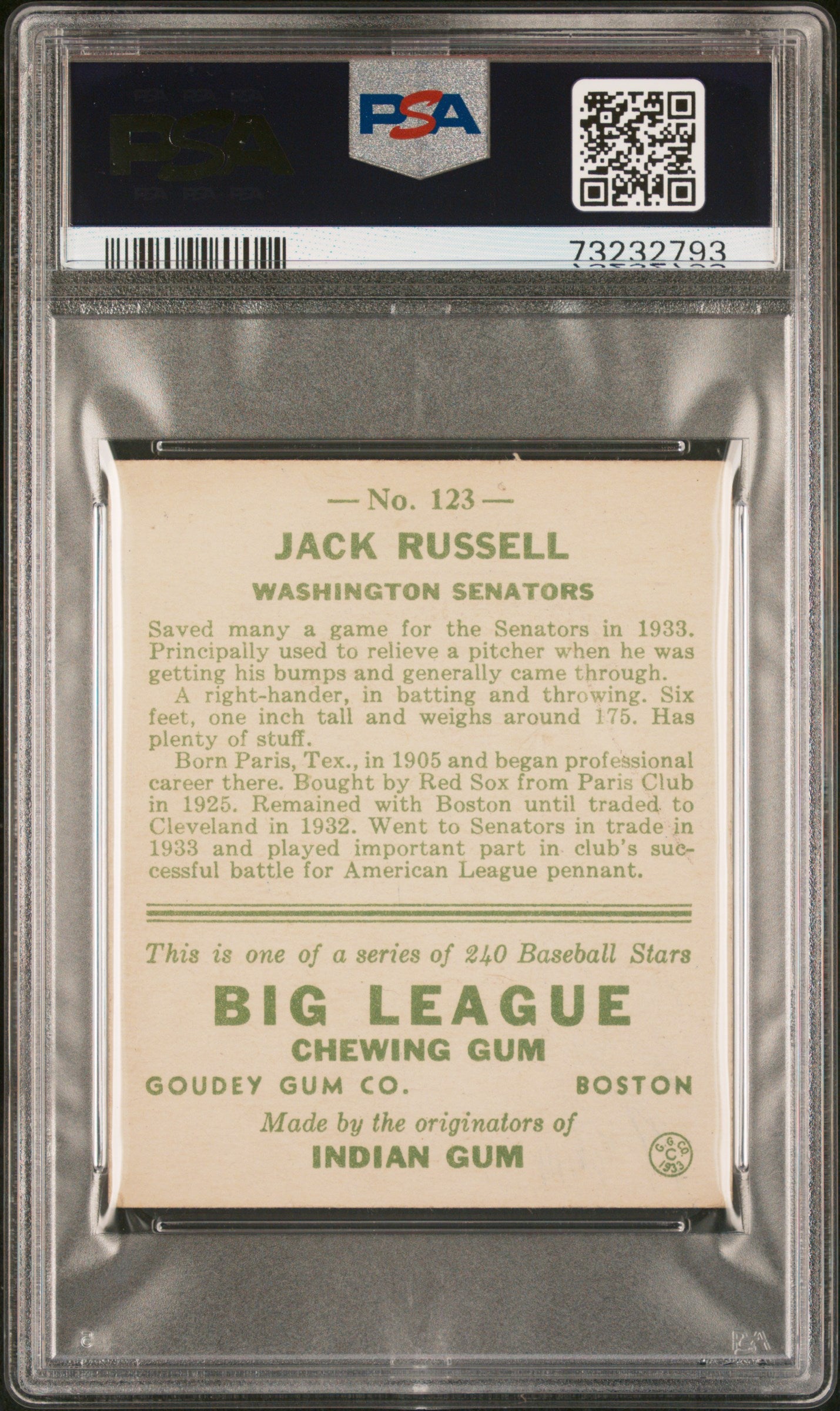 1933 Goudey #123 Jack Russell PSA 4 SN 73232793