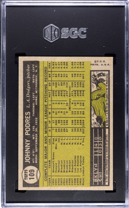 1961 Topps #109 Johnny Podres SGC 7 SN 1707251 SHARP!