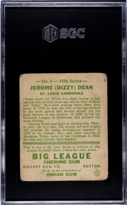 1934 Goudey #6 Dizzy Dean SGC 1.5 SN 7412901