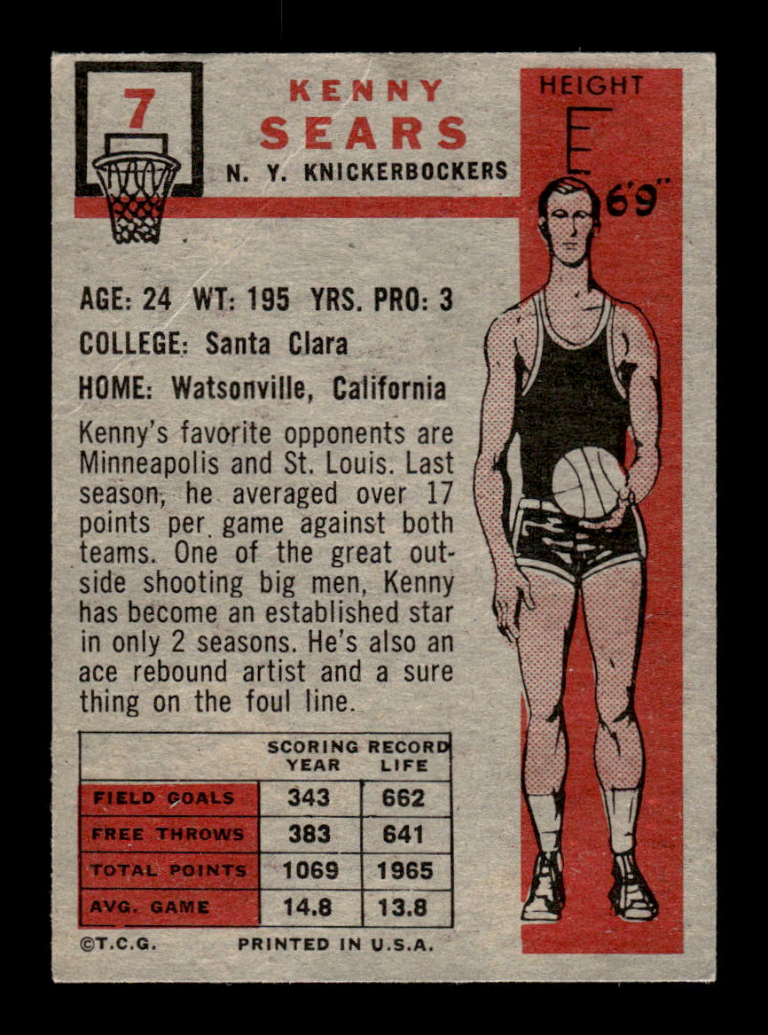 1957-58 Topps #7 Kenny Sears New York Knicks G/VG HOF10010893