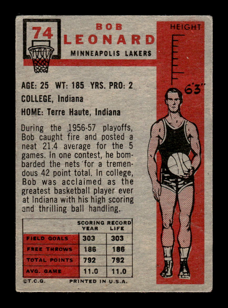 1957-58 Topps #74 Bob Leonard Minneapolis Lakers G/VG HOF10010895