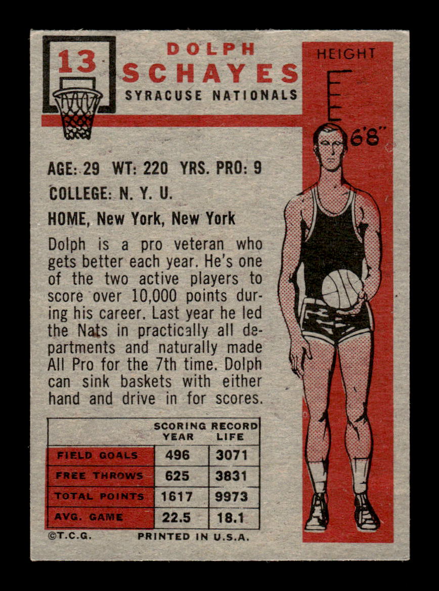 1957-58 Topps #13 Dolph Schayes Syracuse Nationals VGEX HOF10010902