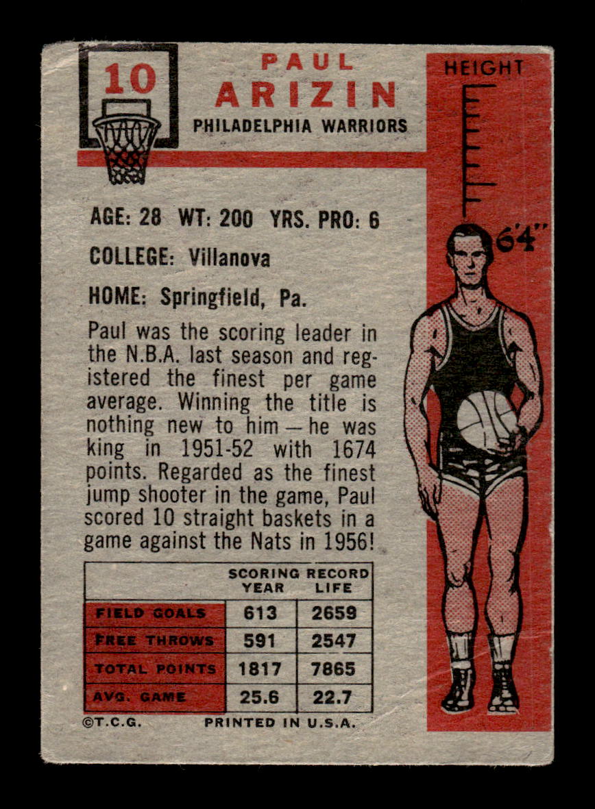 1957-58 Topps #10 Paul Arizin Philadelphia Warriors G/VG HOF10010903