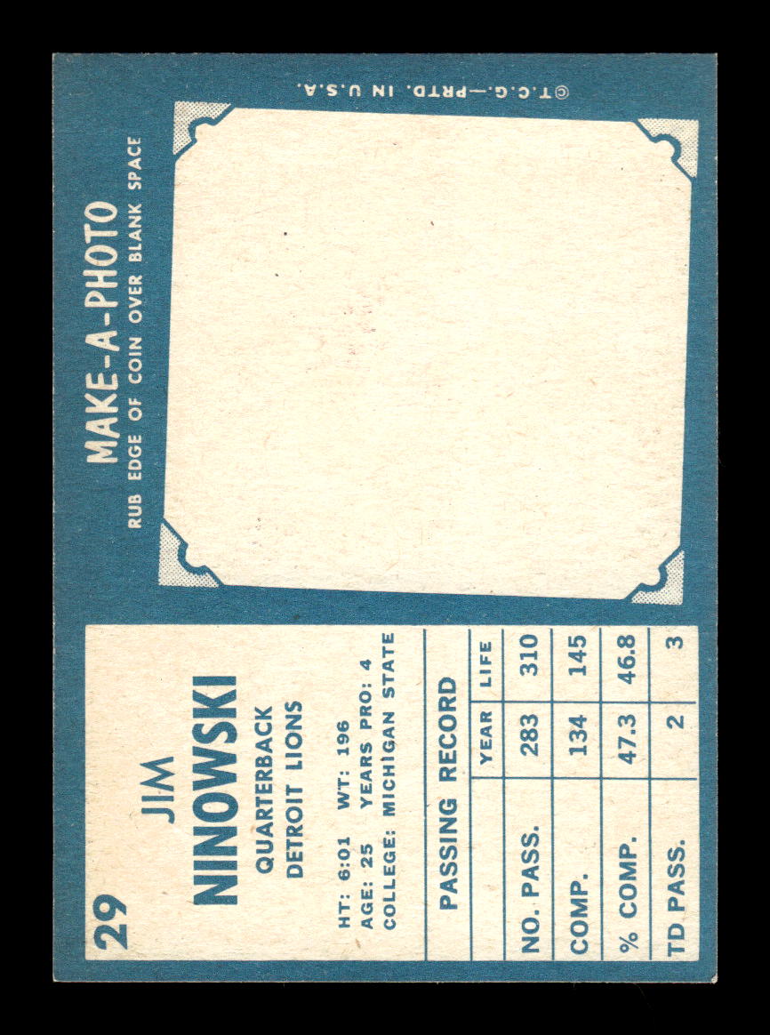 1961 Topps #29 Jim Ninowski Detroit Lions EXMT HOF10010905