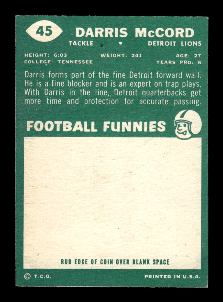 1960 Topps #45 Darris McCord Detroit Lions VGEX HOF10010931