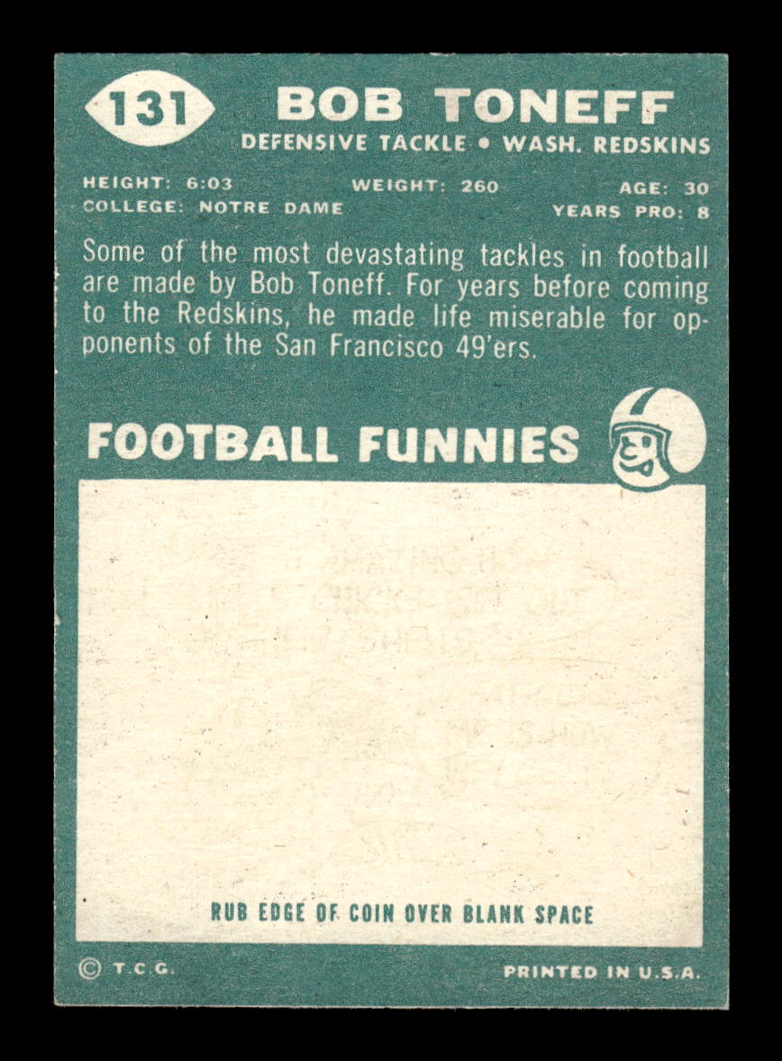 1960 Topps #131 Bob Toneff Washington Redskins VGEX HOF10010967