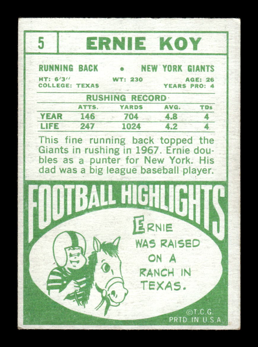 1968 Topps #5 Ernie Koy New York Giants EX HOF10010971
