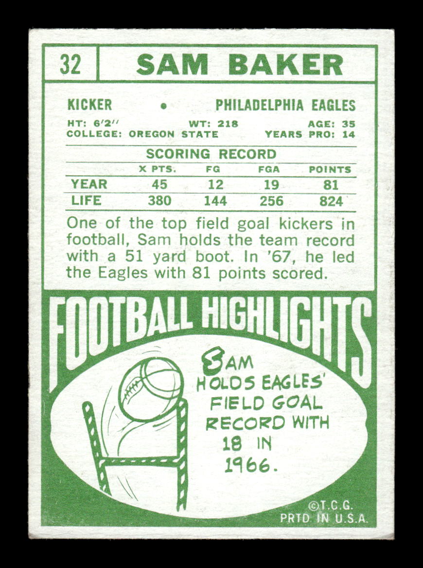 1968 Topps #32 Sam Baker Philadelphia Eagles EX HOF10010972