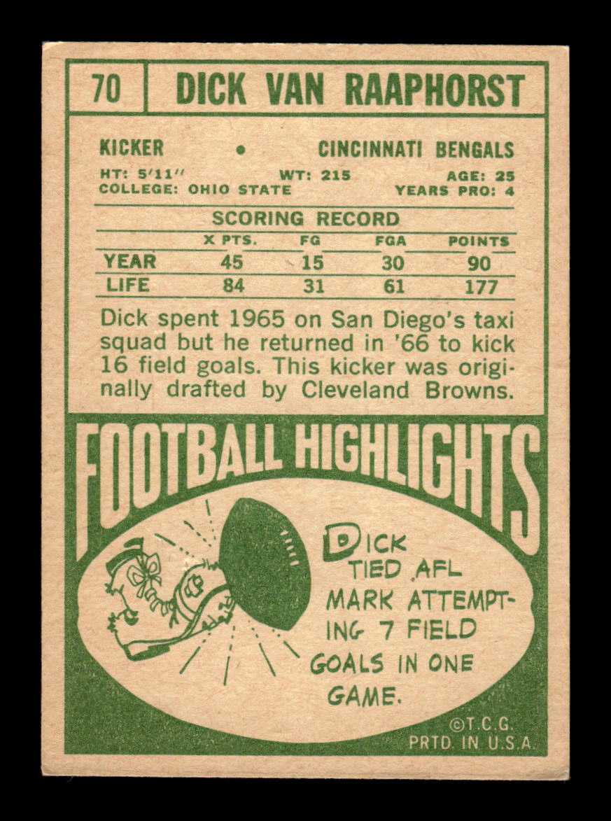 1968 Topps #70 Dick Van Raaphorst Cincinnati Bengals EX HOF10010973