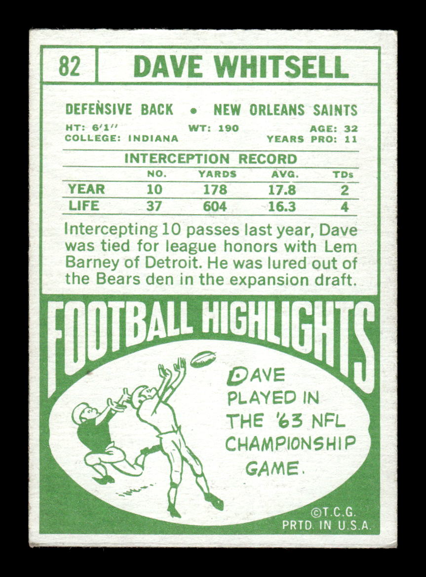 1968 Topps #82 Dave Whitsell New Orleans Saints EX HOF10010974