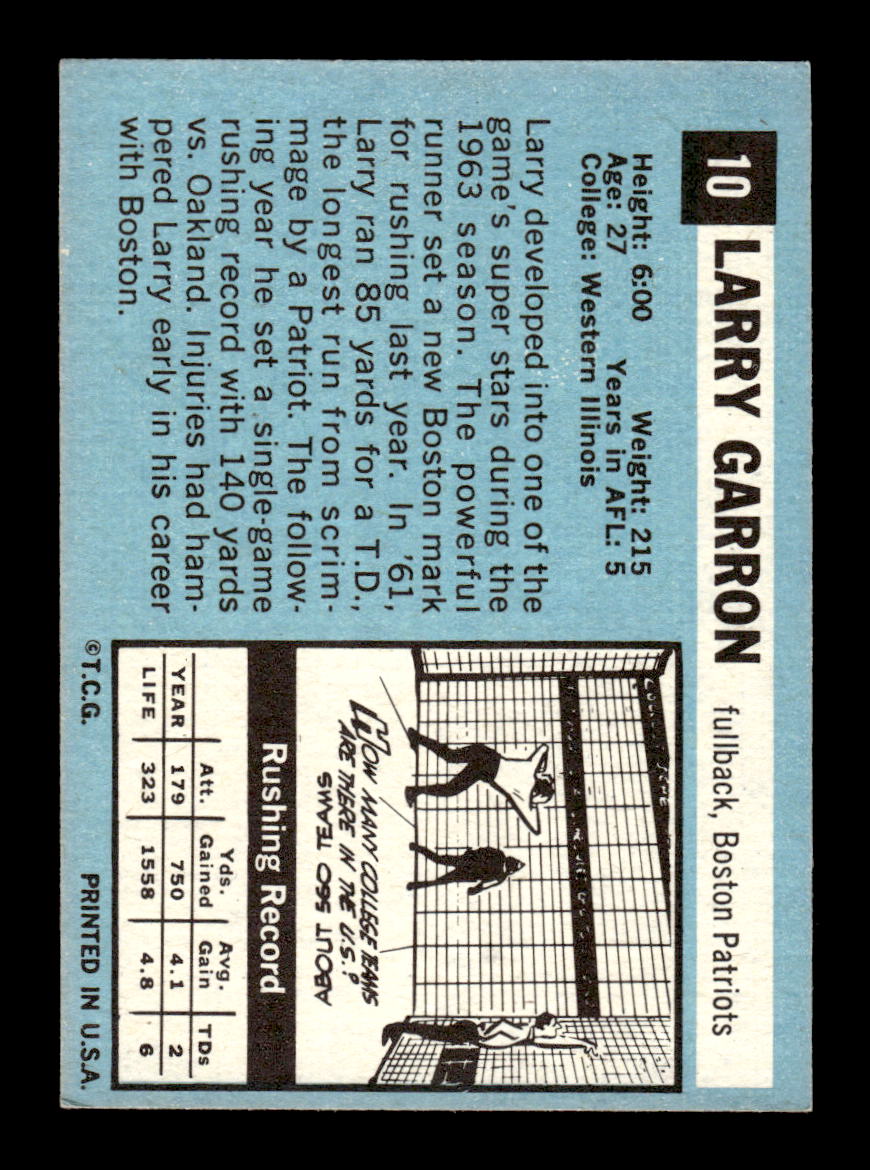 1964 Topps #10 Larry Garron Boston Patriots EX HOF10010985