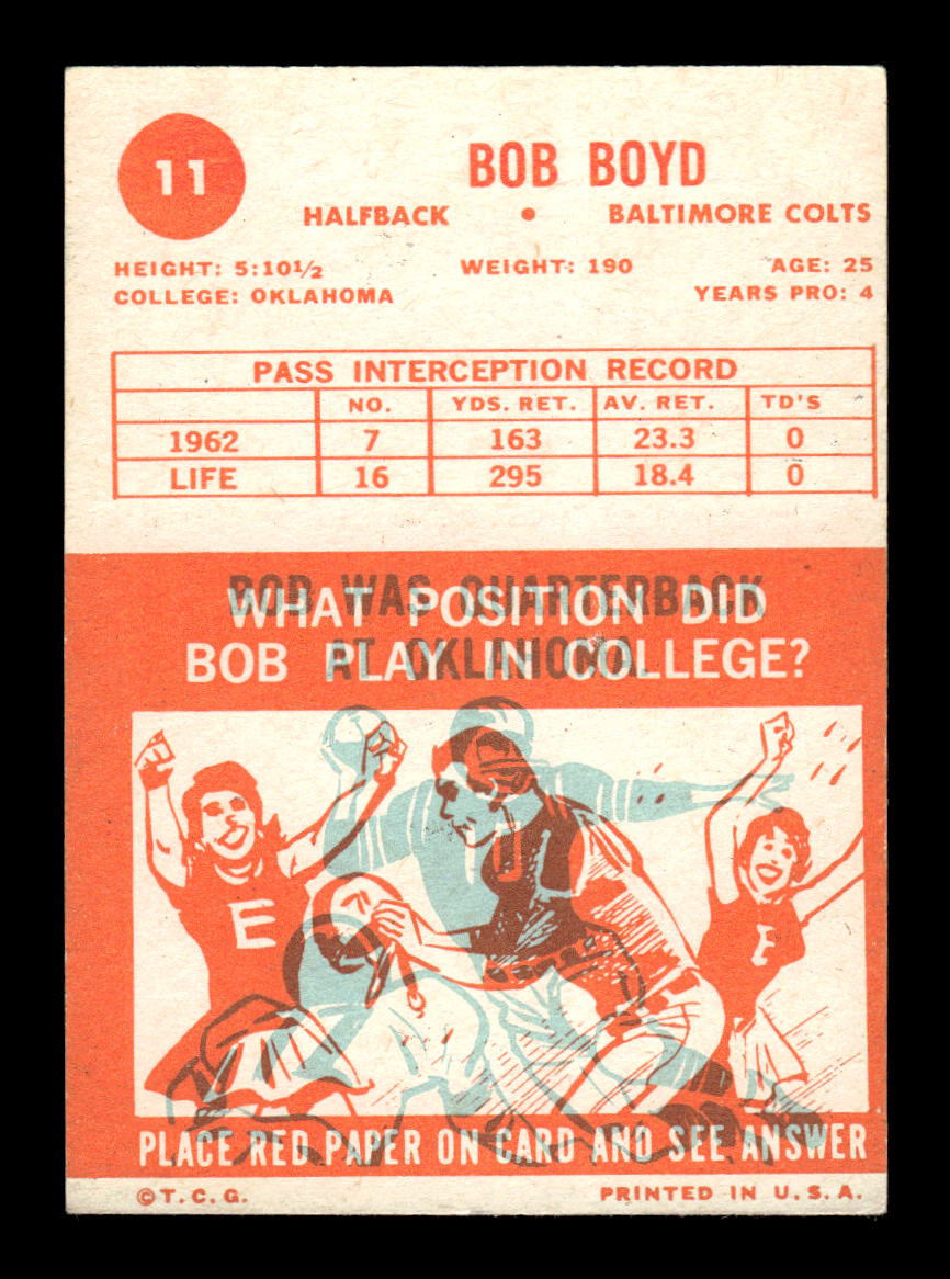 1963 Topps #11 Bob Boyd Baltimore Colts EX HOF10011015