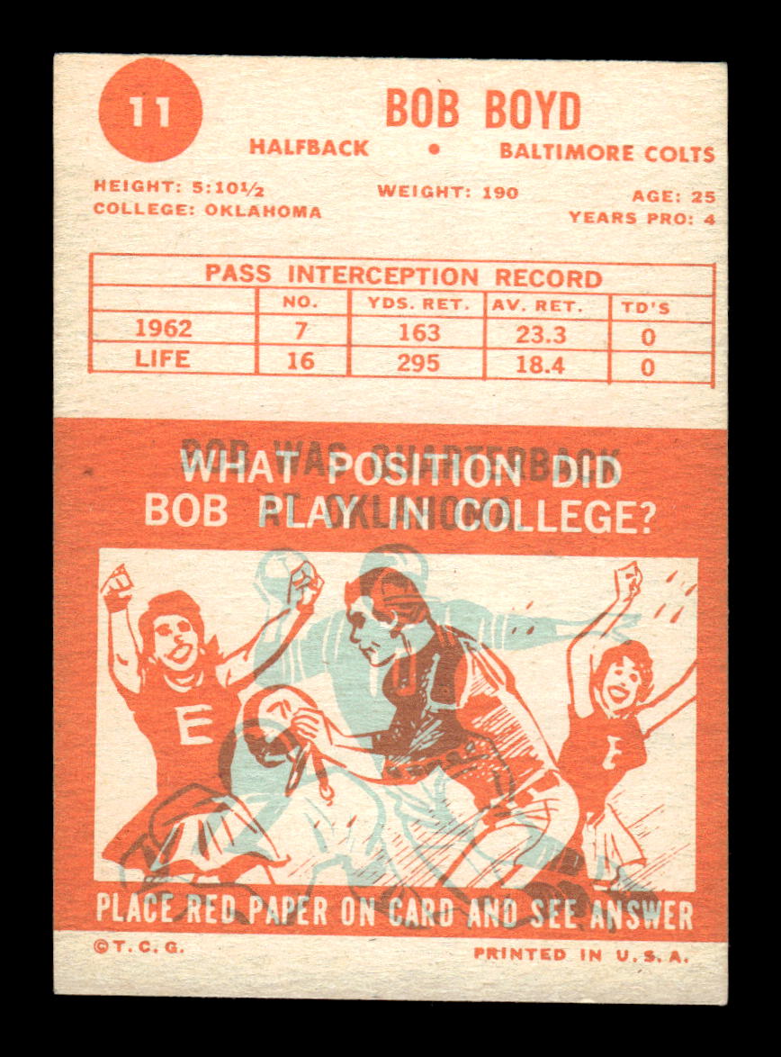 1963 Topps #11 Bob Boyd Baltimore Colts EX HOF10011016