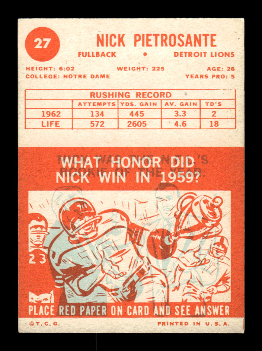 1963 Topps #27 Nick Pietrosante Detroit Lions EX HOF10011019
