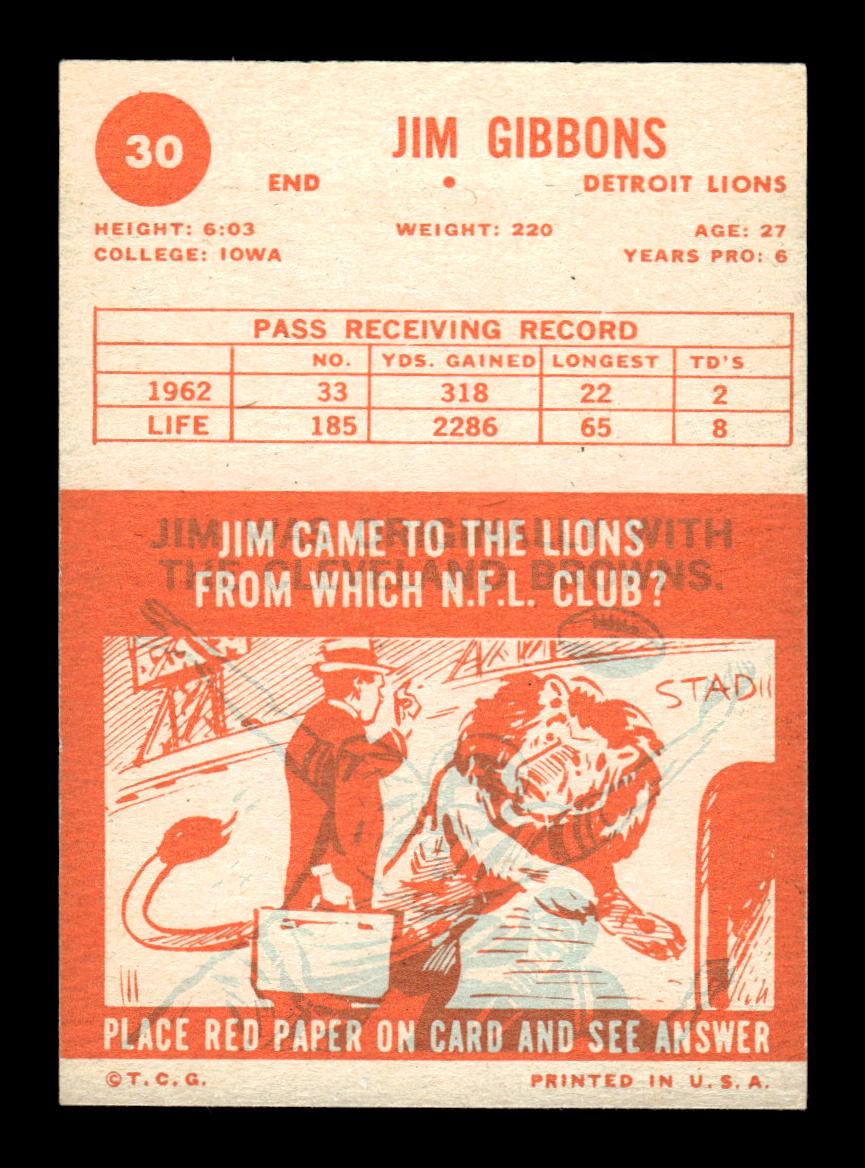1963 Topps #30 Jim Gibbons Detroit Lions EX HOF10011021