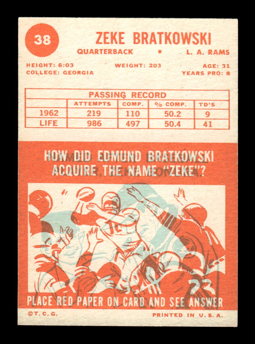 1963 Topps #38 Zeke Bratkowski Los Angeles Rams EX HOF10011022
