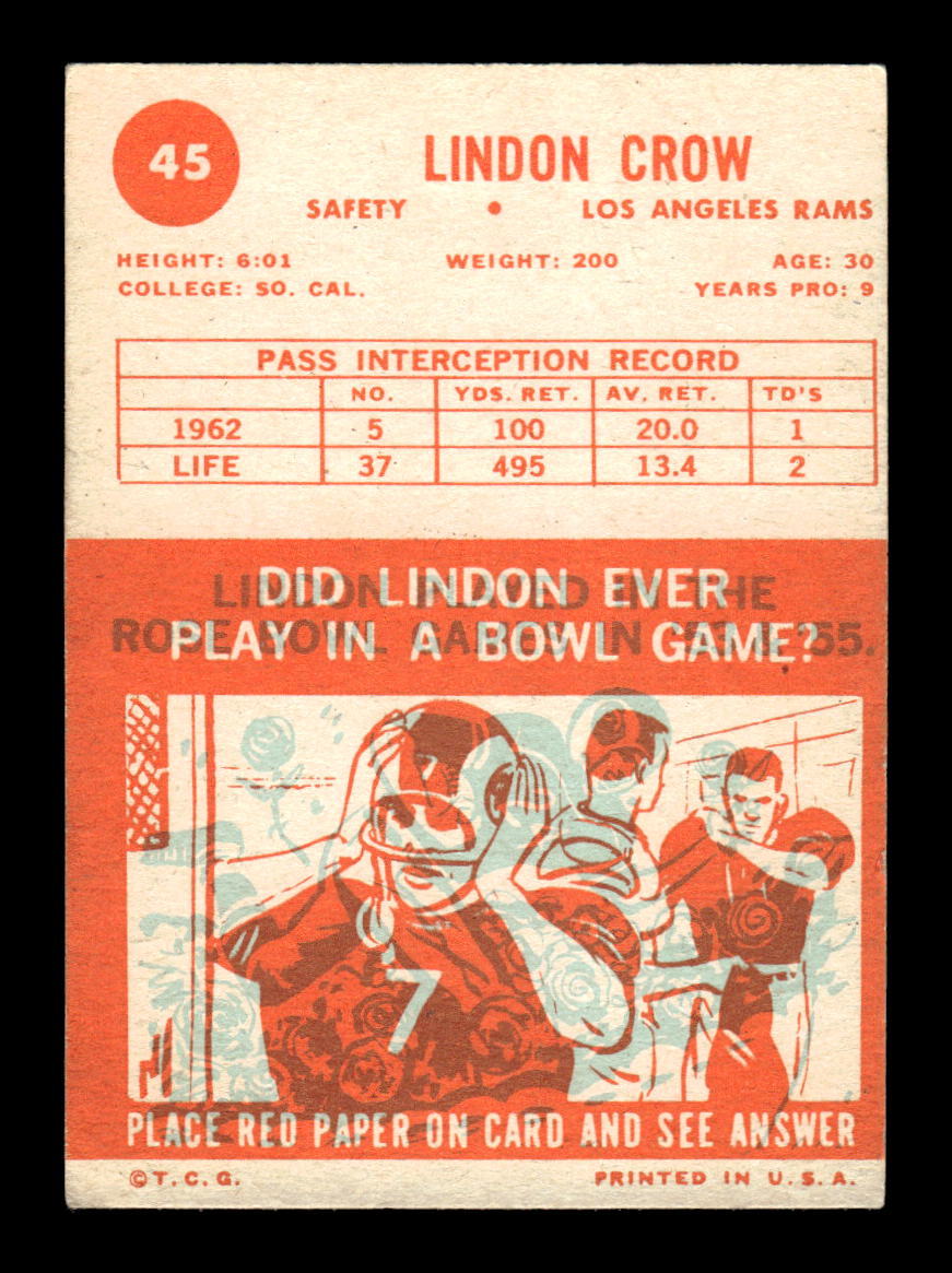 1963 Topps #45 Lindon Crow Los Angeles Rams EX HOF10011026