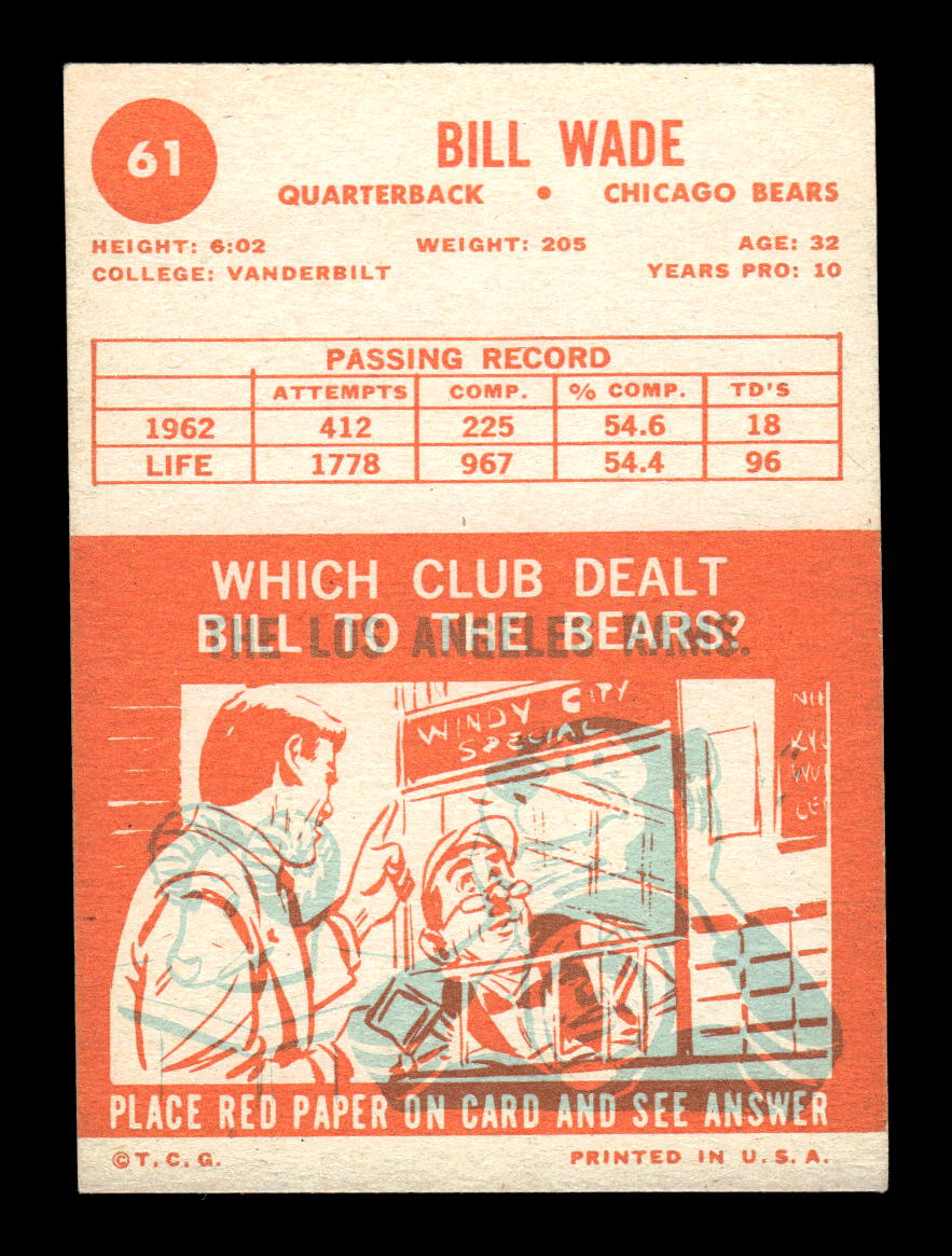 1963 Topps #61 Bill Wade Chicago Bears EX HOF10011027