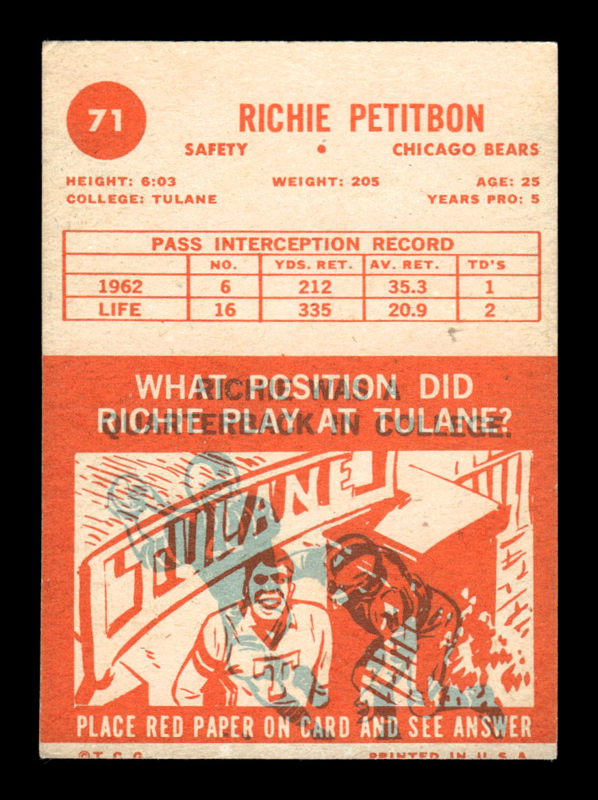 1963 Topps #71 Richie Petitbon Chicago Bears VG HOF10011031