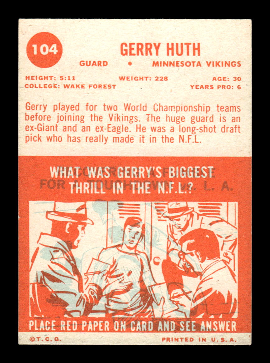 1963 Topps #104 Gerry Huth Minnesota Vikings EX HOF10011036