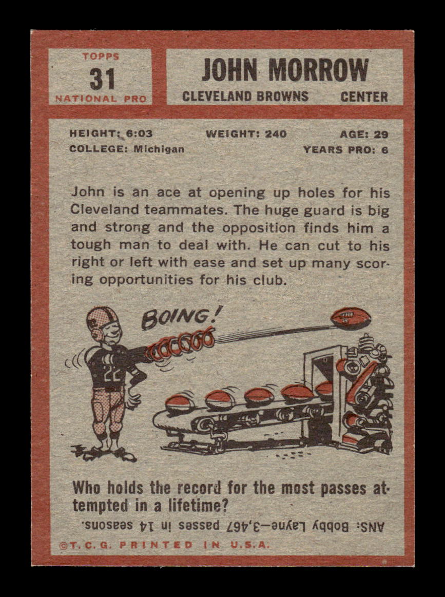 1962 Topps #31 John Morrow Cleveland Browns EX HOF10011055