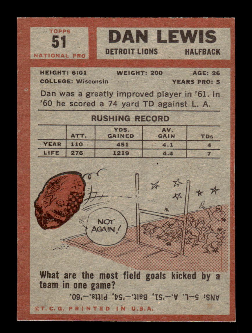 1962 Topps #51 Dan Lewis Detroit Lions EX HOF10011056