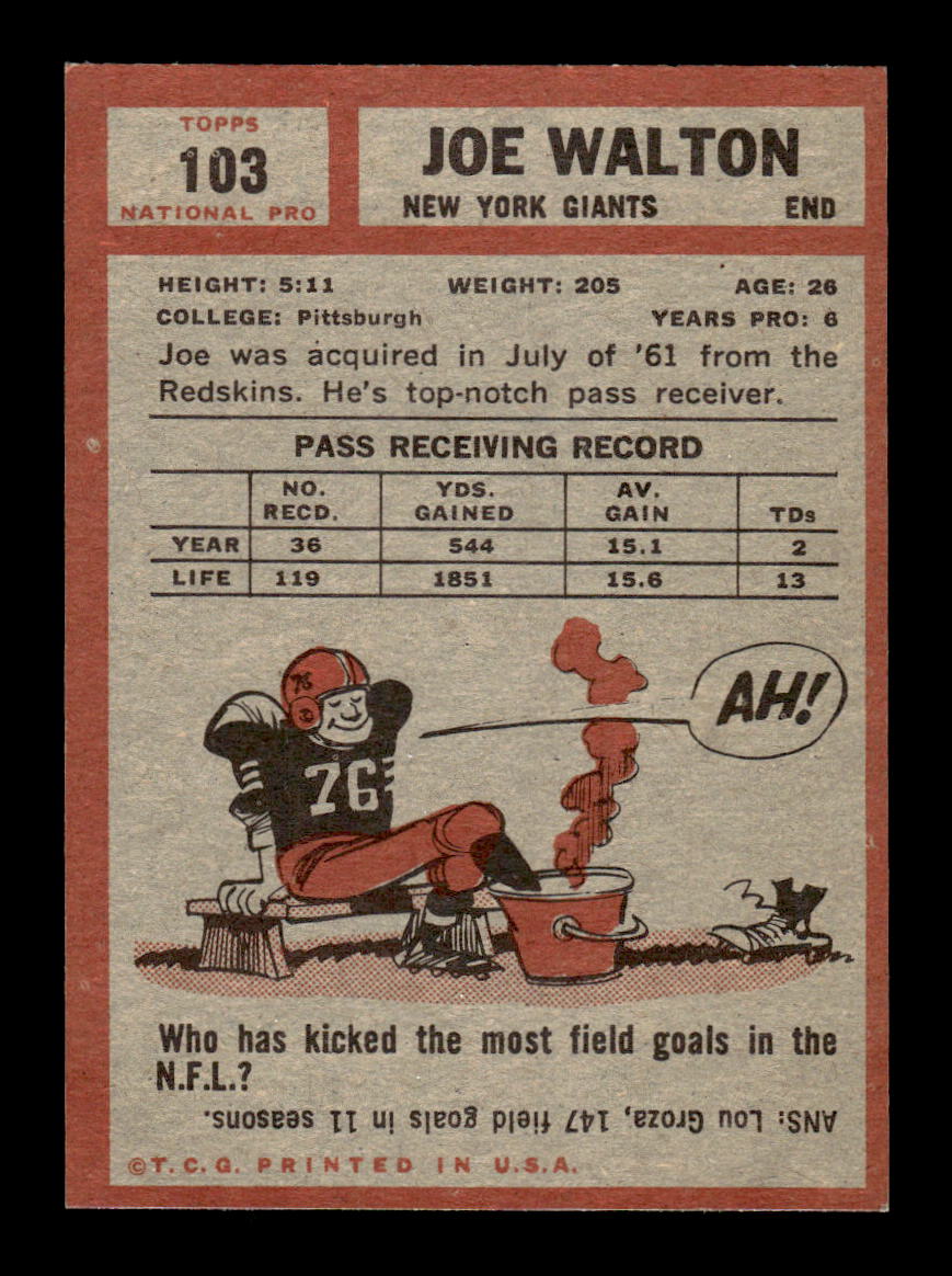 1962 Topps #103 Joe Walton New York Giants EX HOF10011060