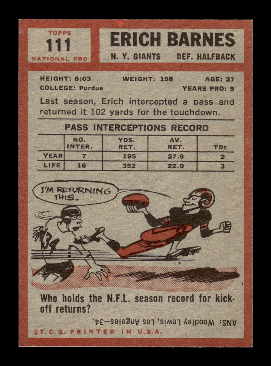 1962 Topps #111 Erich Barnes New York Giants EX HOF10011062
