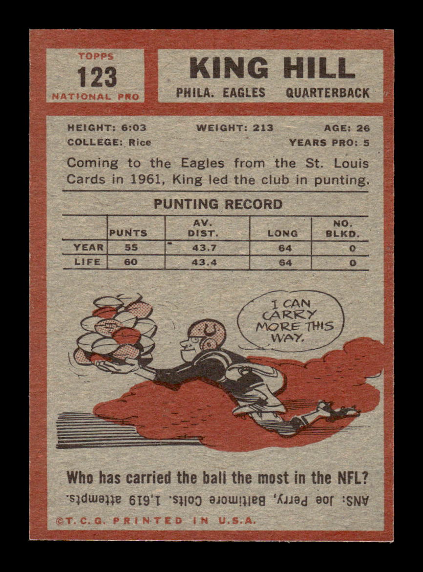 1962 Topps #123 King Hill Philadelphia Eagles EX HOF10011064