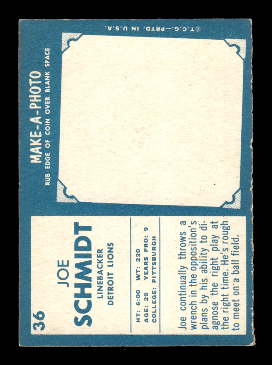 1961 Topps #36 Joe Schmidt Detroit Lions EX HOF10011071