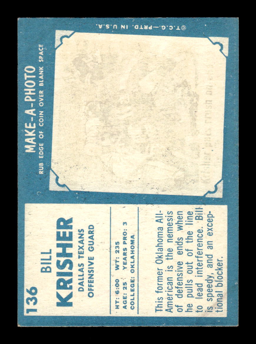 1961 Topps #136 Bill Krisher Dallas Texans VGEX HOF10011084