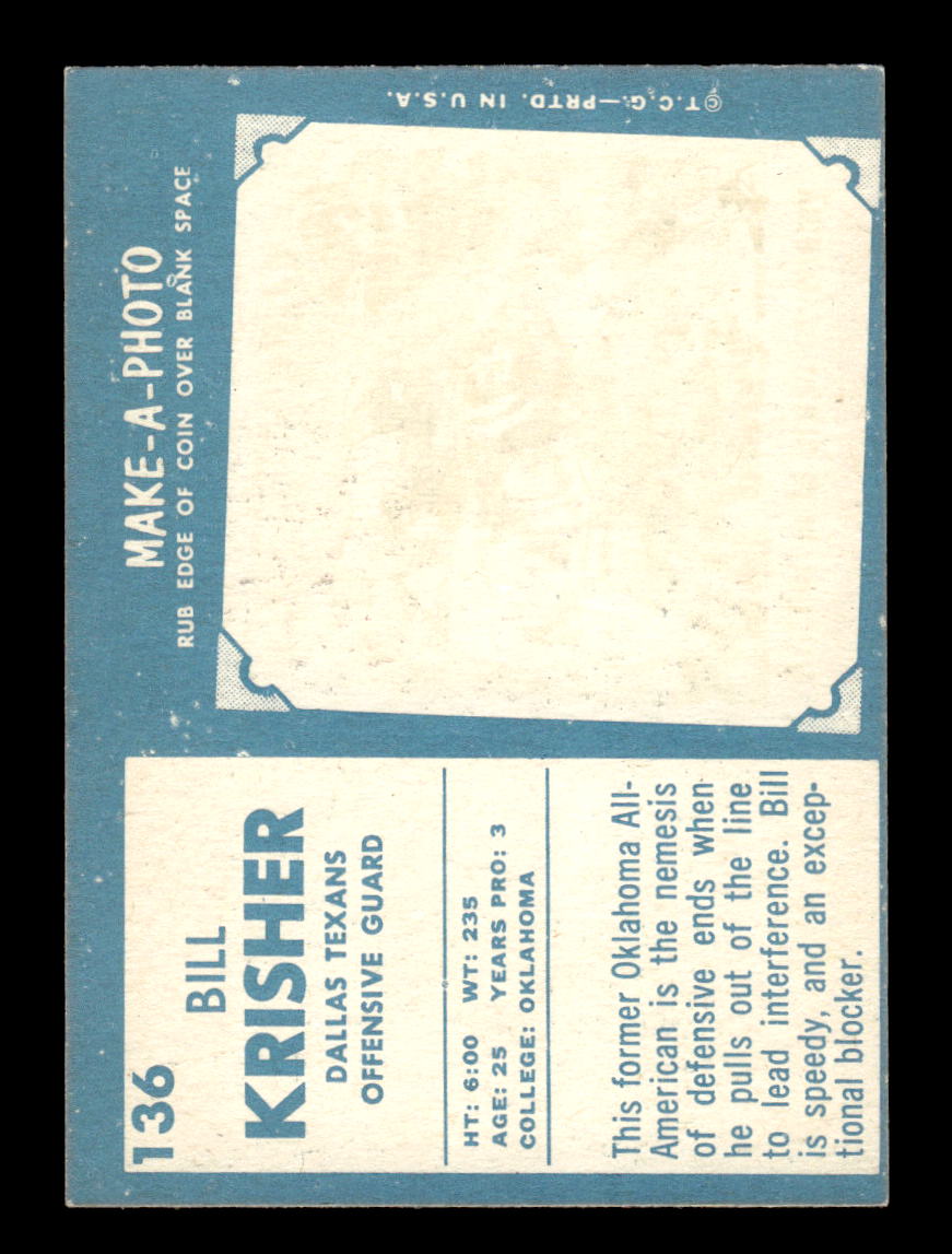 1961 Topps #136 Bill Krisher Dallas Texans VGEX HOF10011085