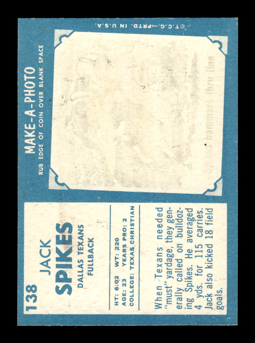 1961 Topps #138 Jack Spikes Dallas Texans VGEX HOF10011088