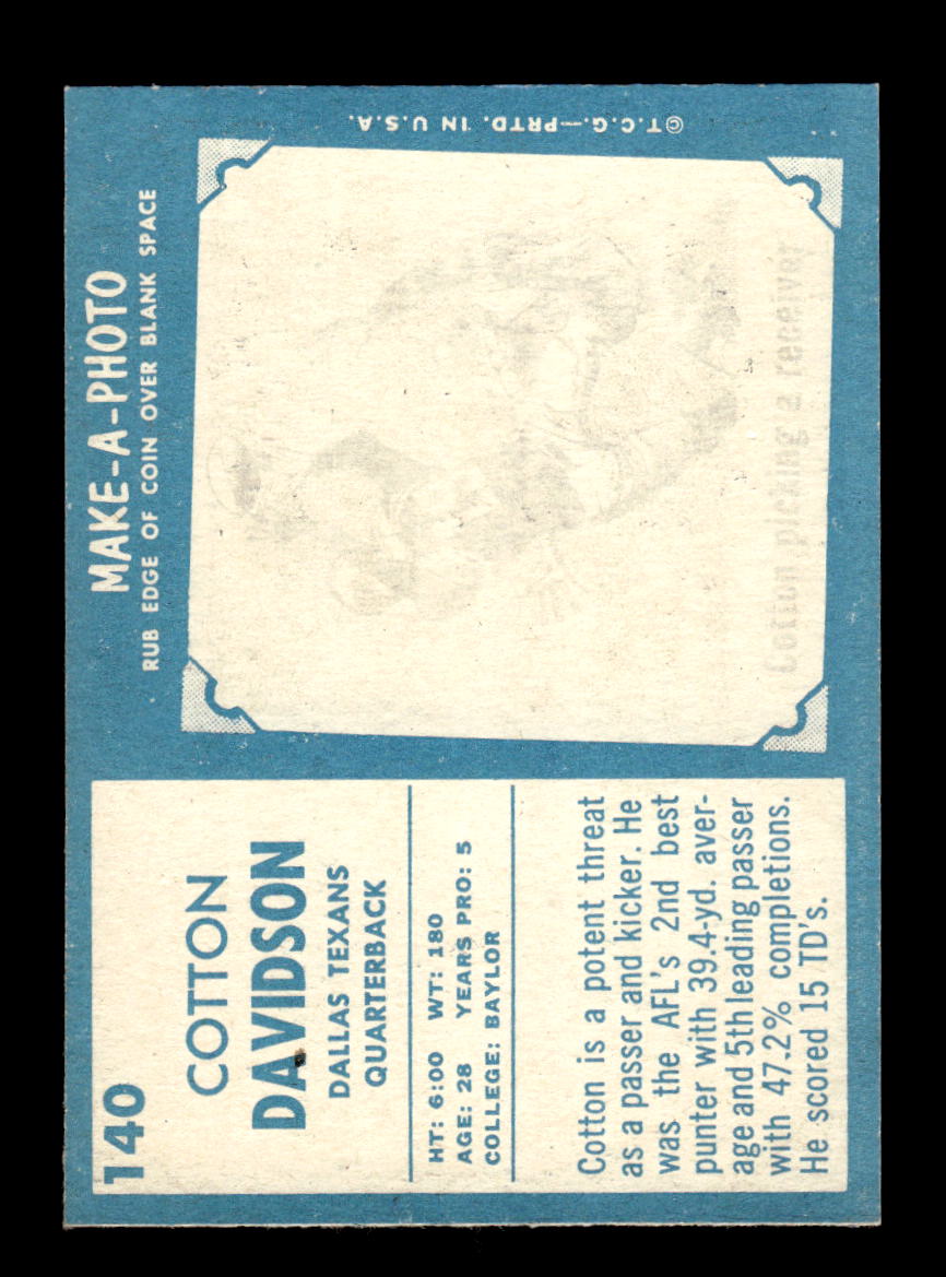 1961 Topps #140 Cotton Davidson Dallas Texans VGEX HOF10011089
