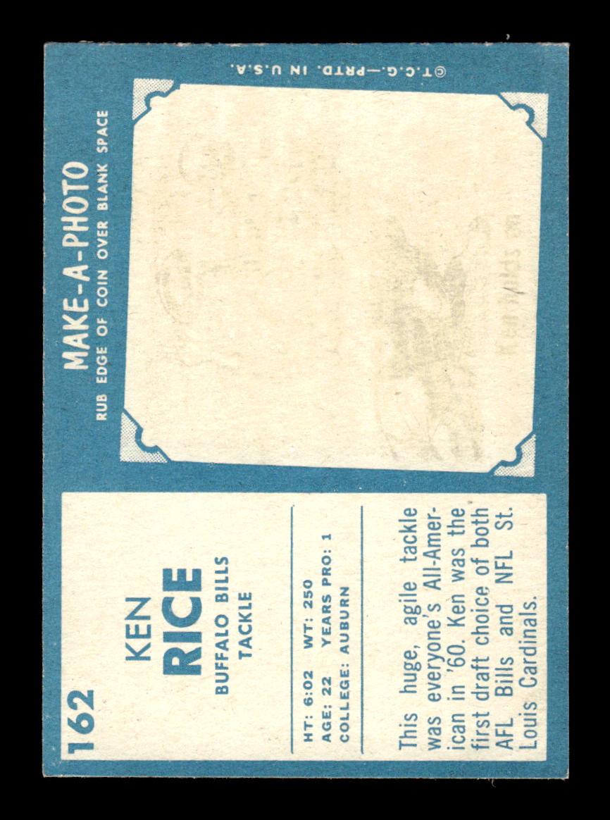 1961 Topps #162 Ken Rice Buffalo Bills VGEX HOF10011110