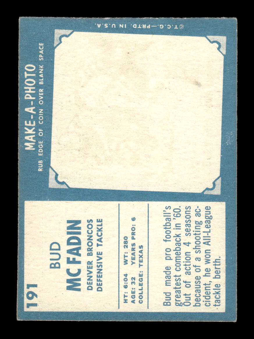 1961 Topps #191 Bud McFadin Denver Broncos VGEX HOF10011134