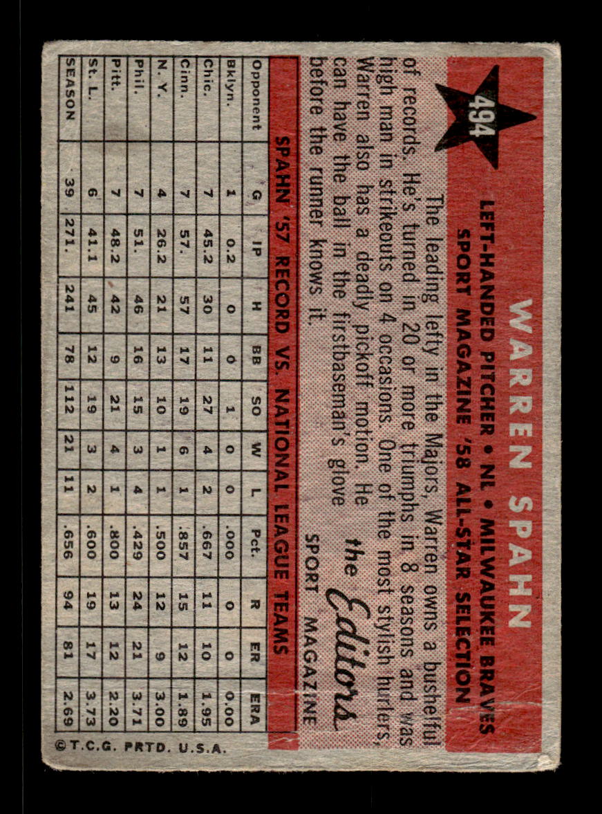 1958 Topps #494 Warren Spahn Milwaukee Braves VG HOF10011158