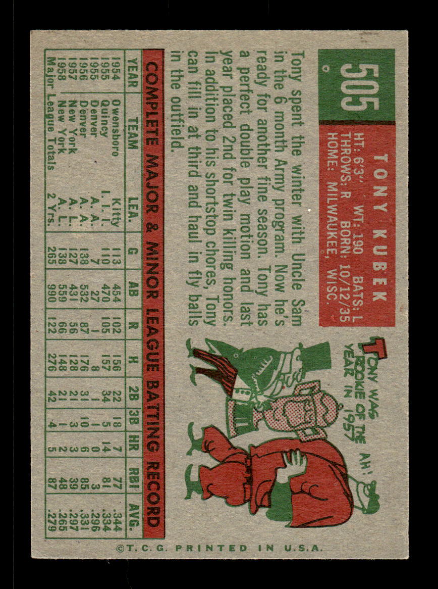1959 Topps #505 Tony Kubek New York Yankees EX HOF10011162