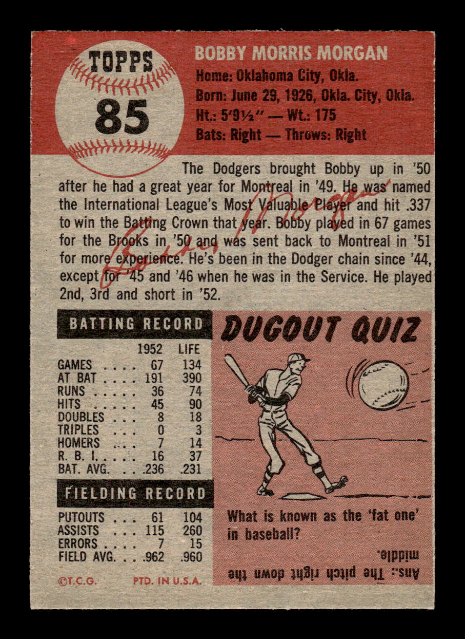 1953 Topps #85a Bobby Morgan Brooklyn Dodgers VGEX HOF10011188