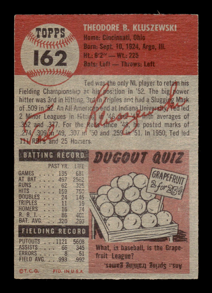 1953 Topps #162 Ted Kluszewski Cincinnati Reds VG HOF10011190