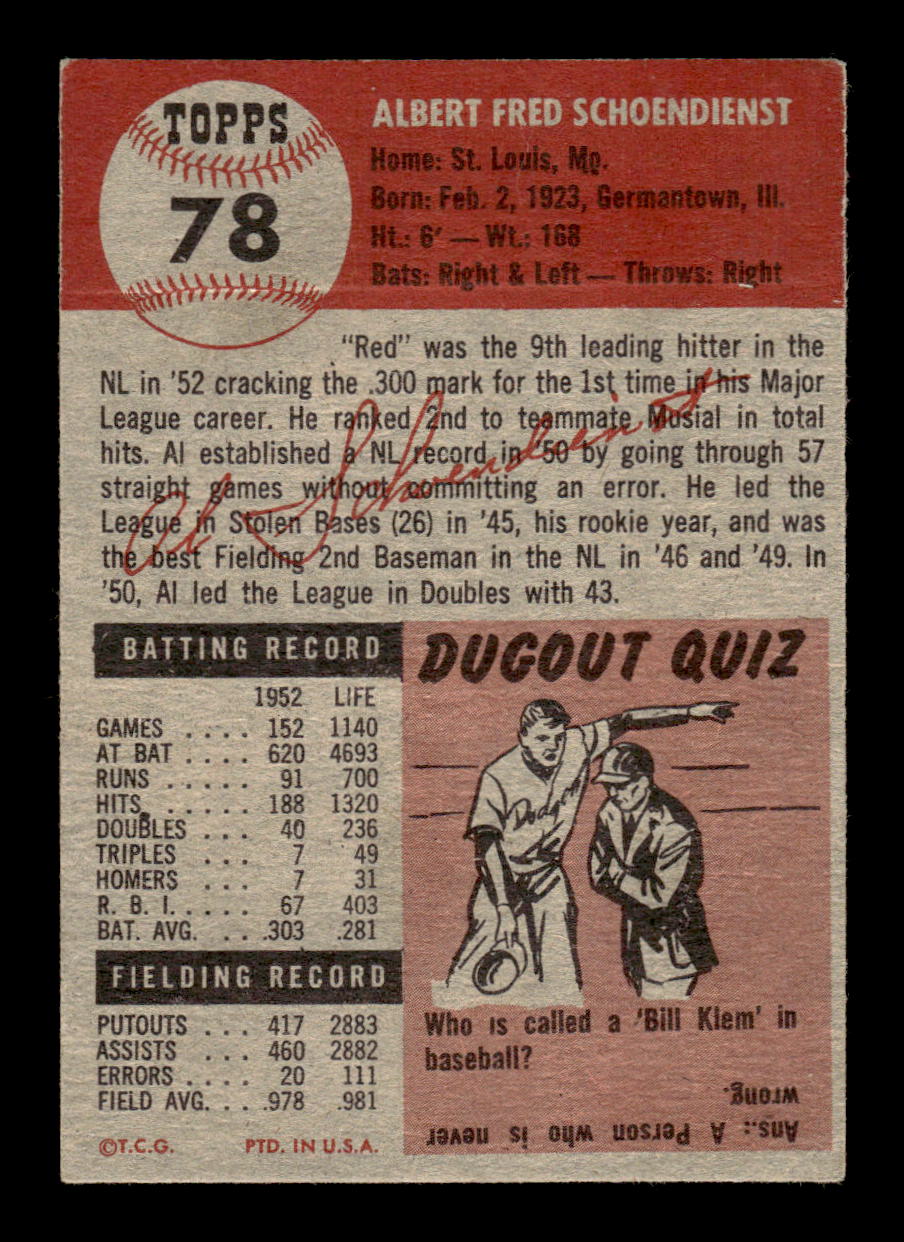 1953 Topps #78 Al Schoendienst St. Louis Cardinals VG HOF10011191