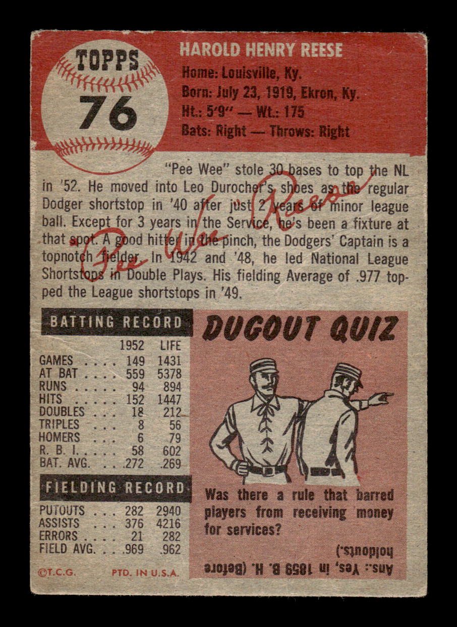 1953 Topps #76 Pee Wee Reese Brooklyn Dodgers Poor HOF10011192