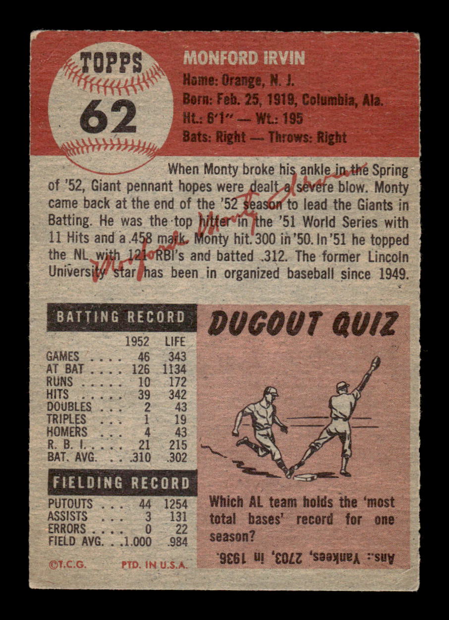 1953 Topps #62 Monte Irvin New York Giants VG HOF10011193