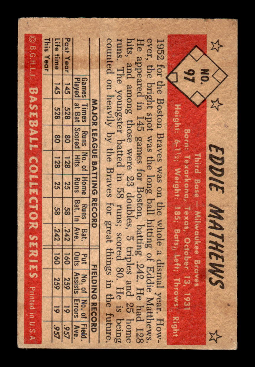 1953 Bowman Color #97 Eddie Mathews Milwaukee Braves VG HOF10011197