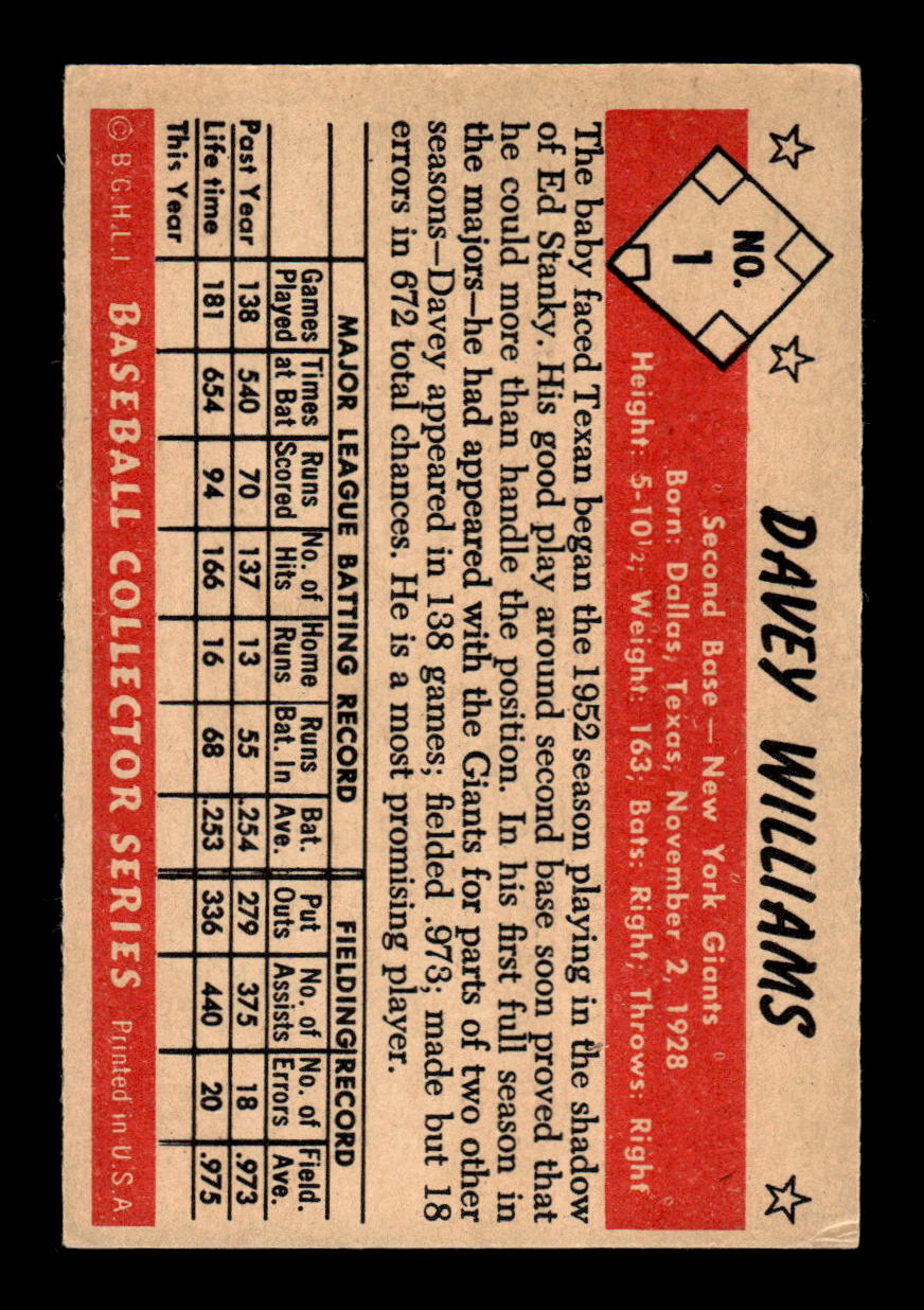 1953 Bowman Color #1 Davey Williams New York Giants VGEX HOF10011200