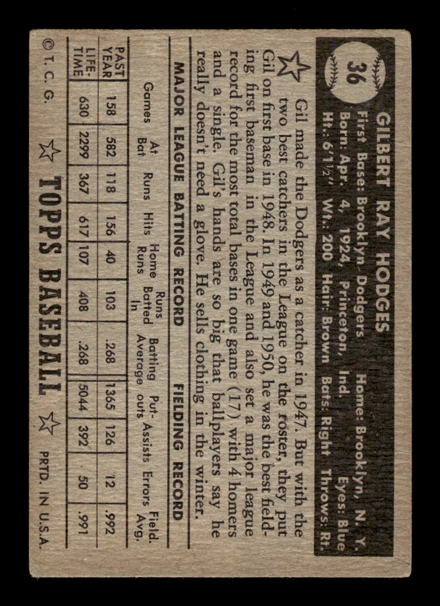 1952 Topps #36b Gil Hodges Brooklyn Dodgers VG HOF10011203