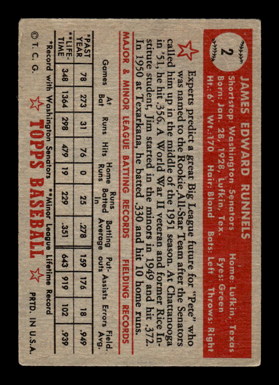 1952 Topps #2 Pete Runnels Washington Senators VG HOF10011208