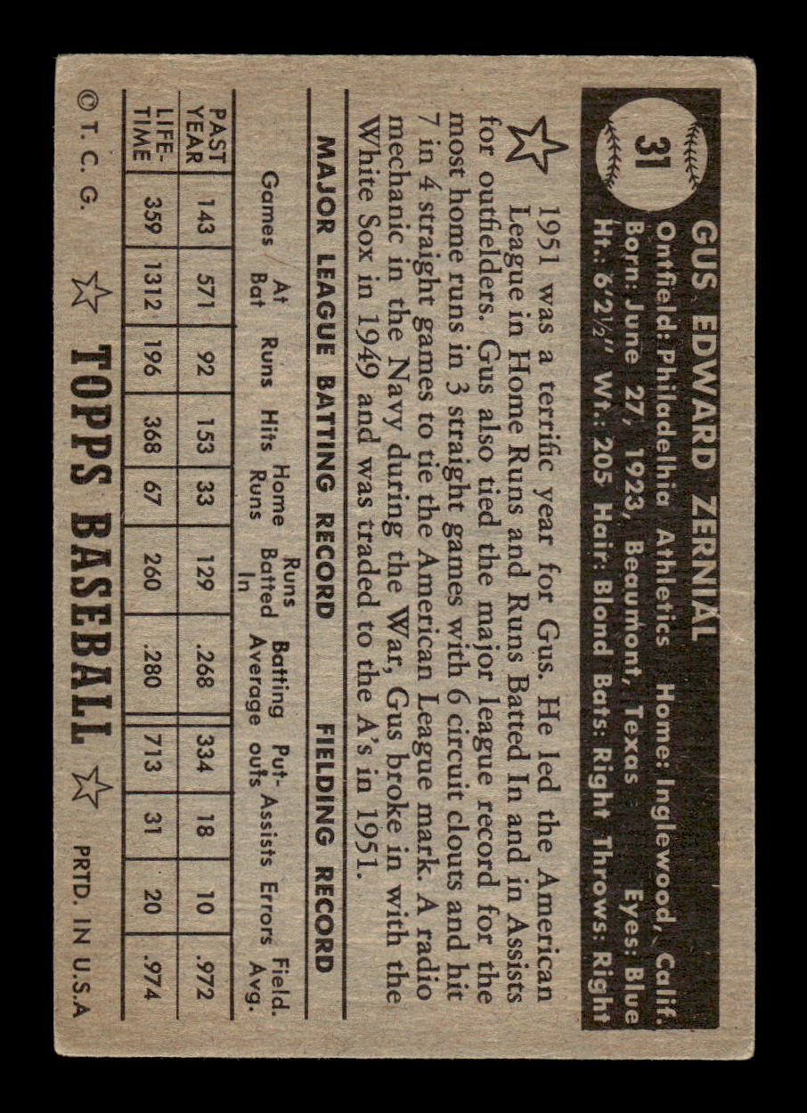 1952 Topps #31 Gus Zernial Black Back VGEX HOF10011209
